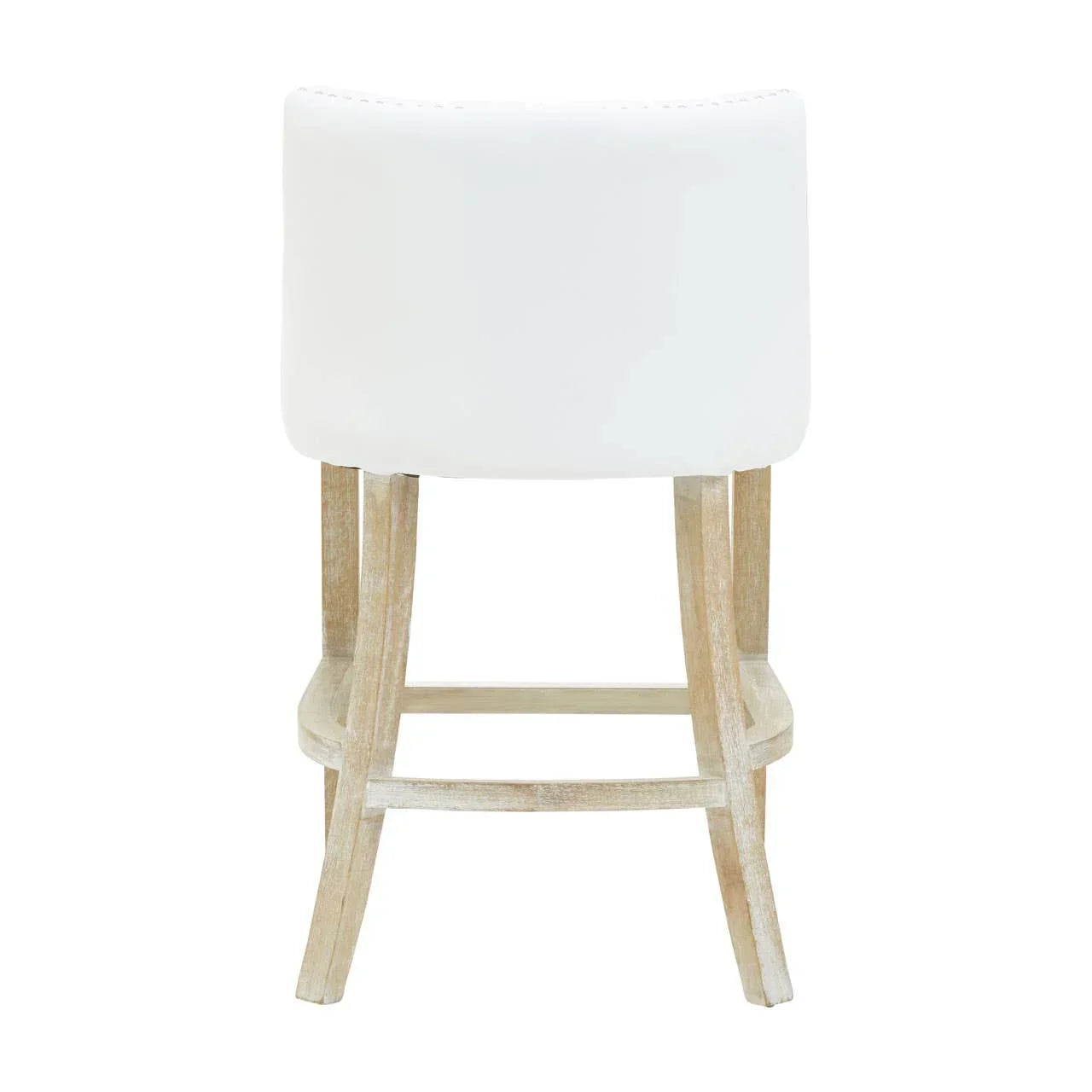 Back view of white upholstered bar stool with light wood legs