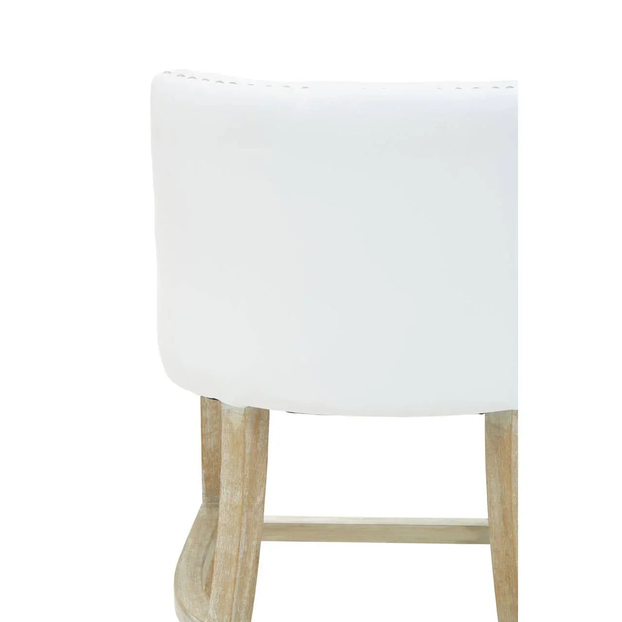 White bar stool with curved backrest and light wood legs, rear close-up view