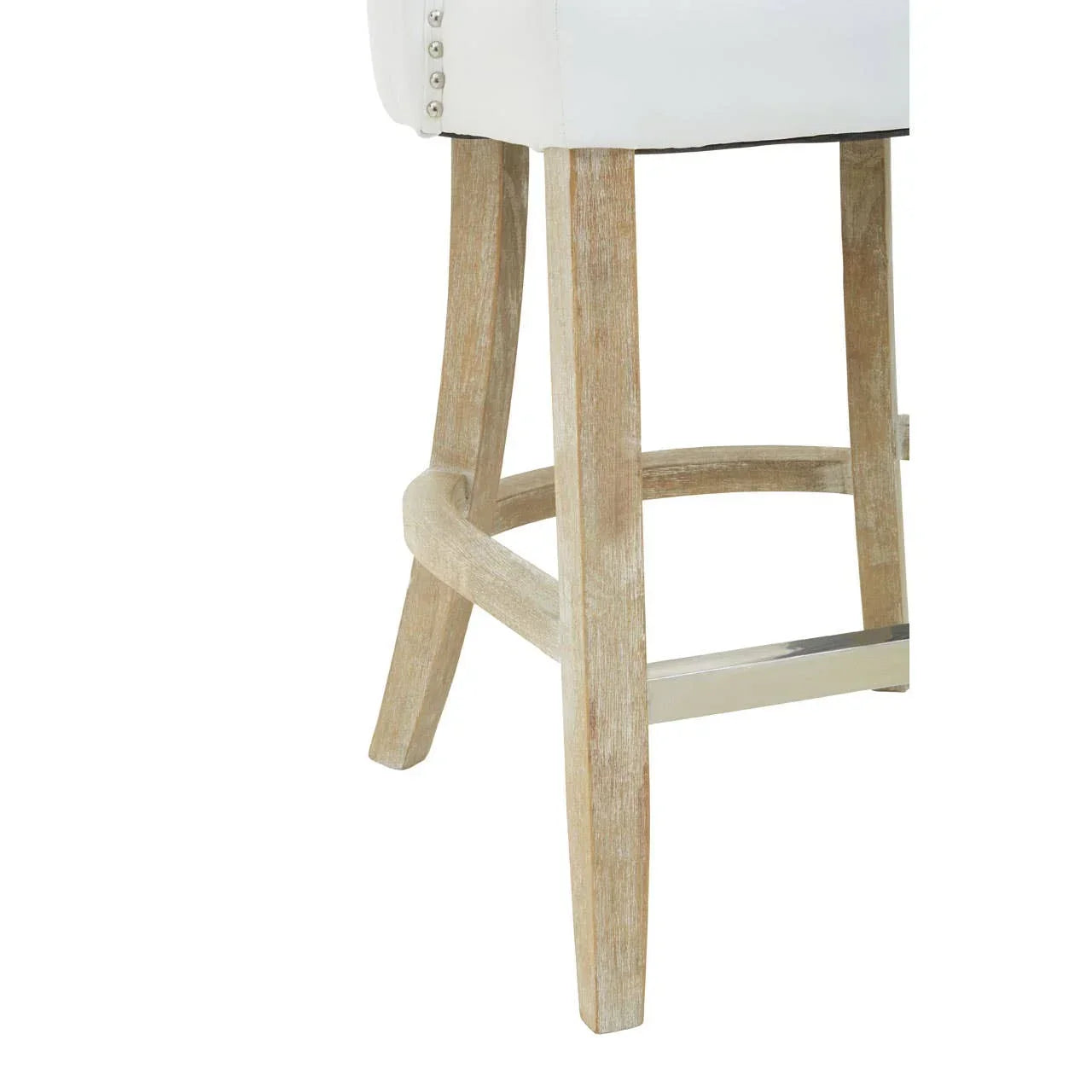 wooden bar stool legs with light finish and chrome footrest detail