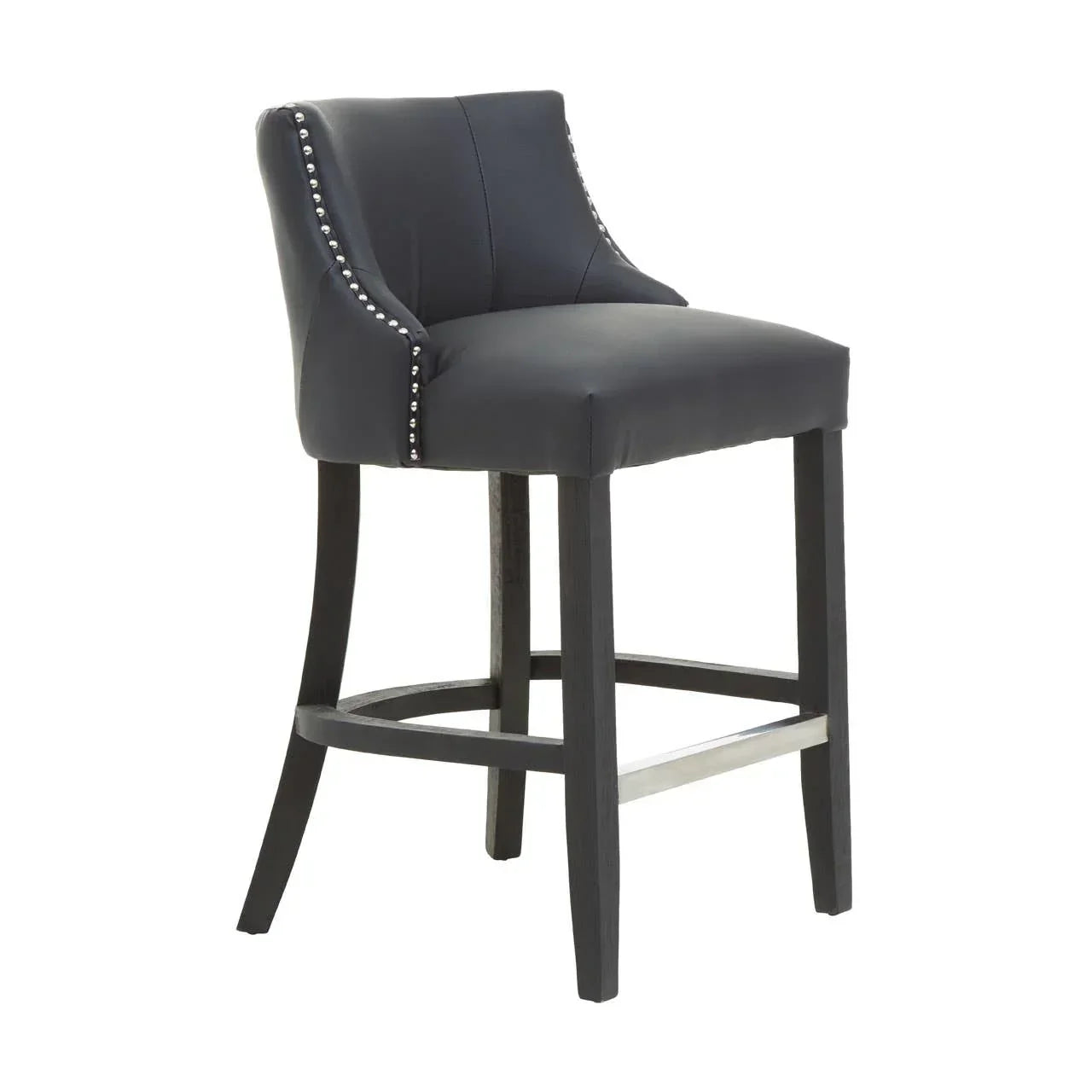 Black leather bar stool with curved backrest and silver stud detailing on wooden legs