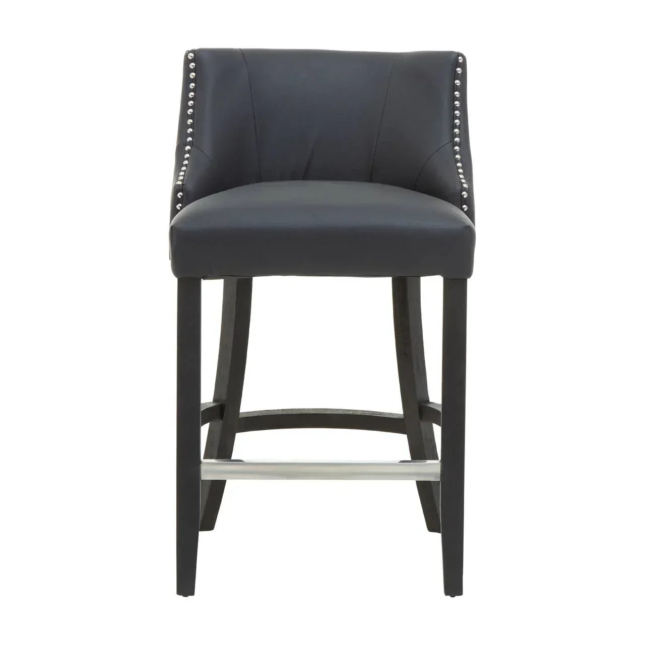 Black leather bar stool with studded trim and dark wooden legs, front view