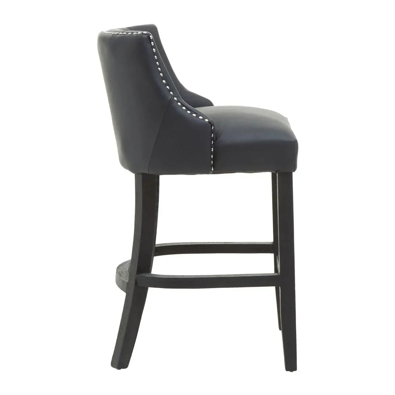 Black leather bar stool with silver stud trim and dark wooden legs, side view