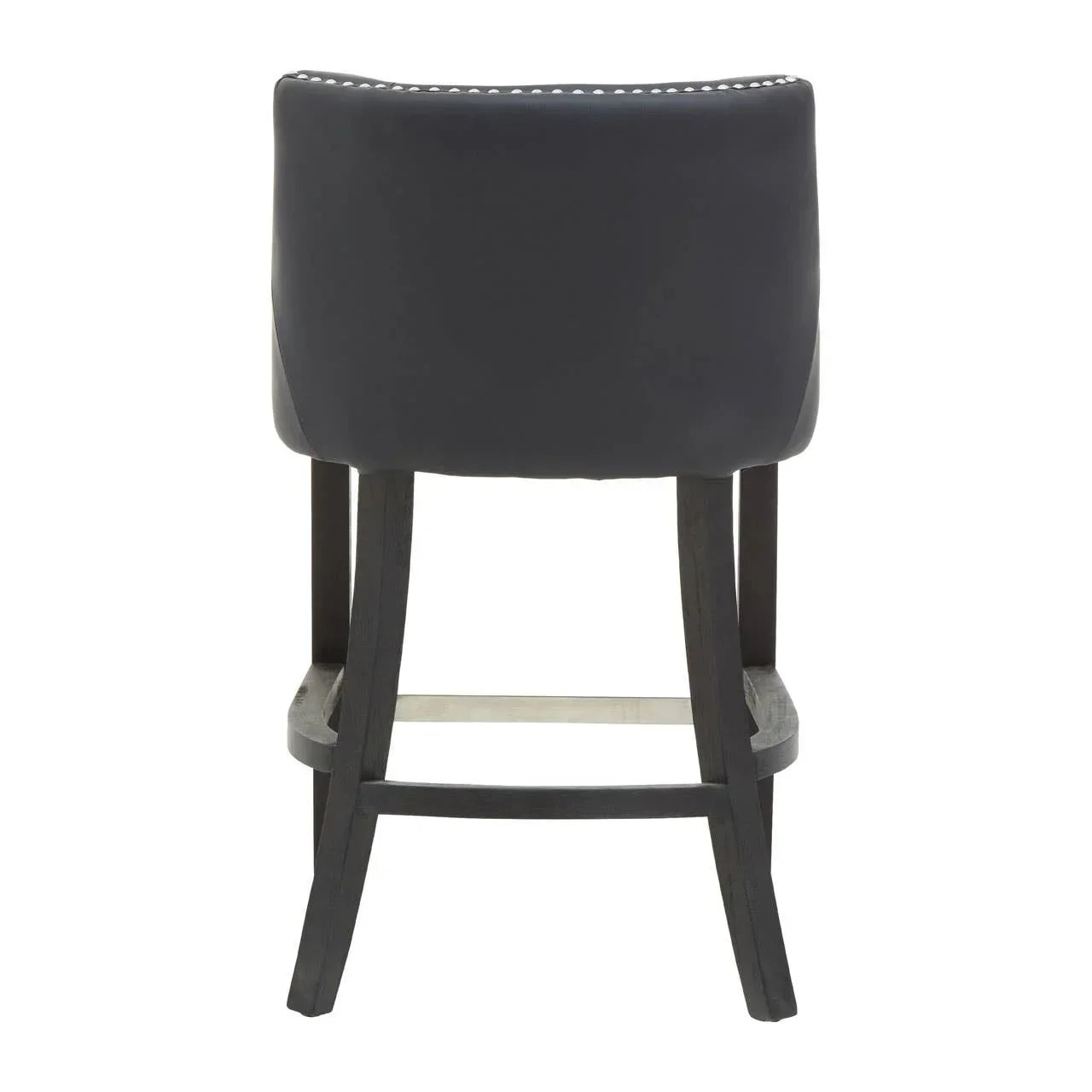 Back view of dark grey bar stool with padded seat and wooden legs