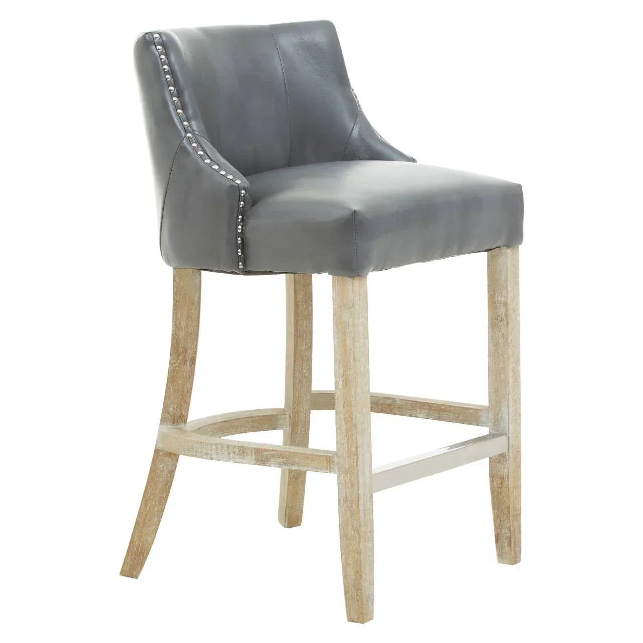 Grey leather bar stool with studded trim and light wood legs, angled front view