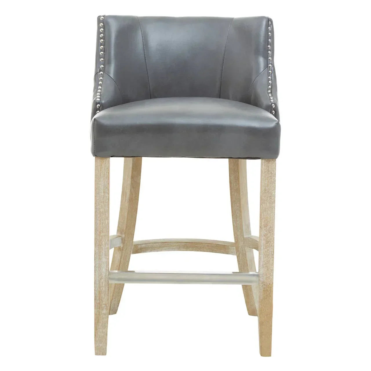 Grey leather bar stool with nailhead trim and light wood legs, front view