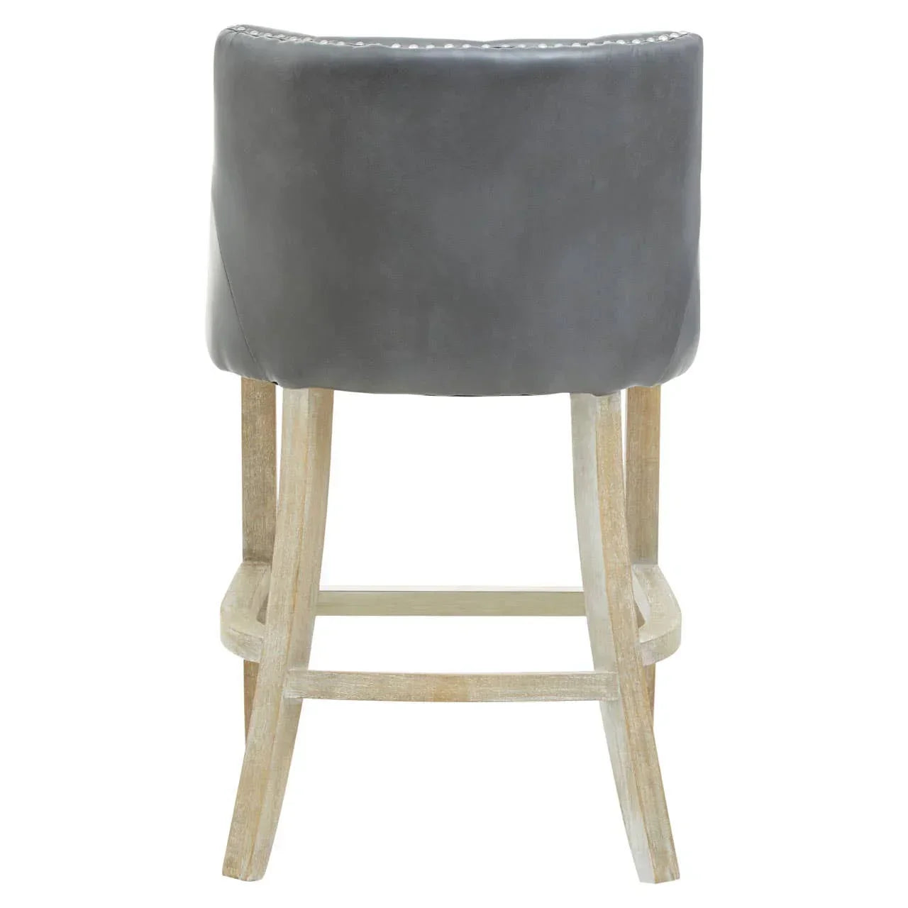 Back view of bar stool with grey upholstered seat and light wood legs
