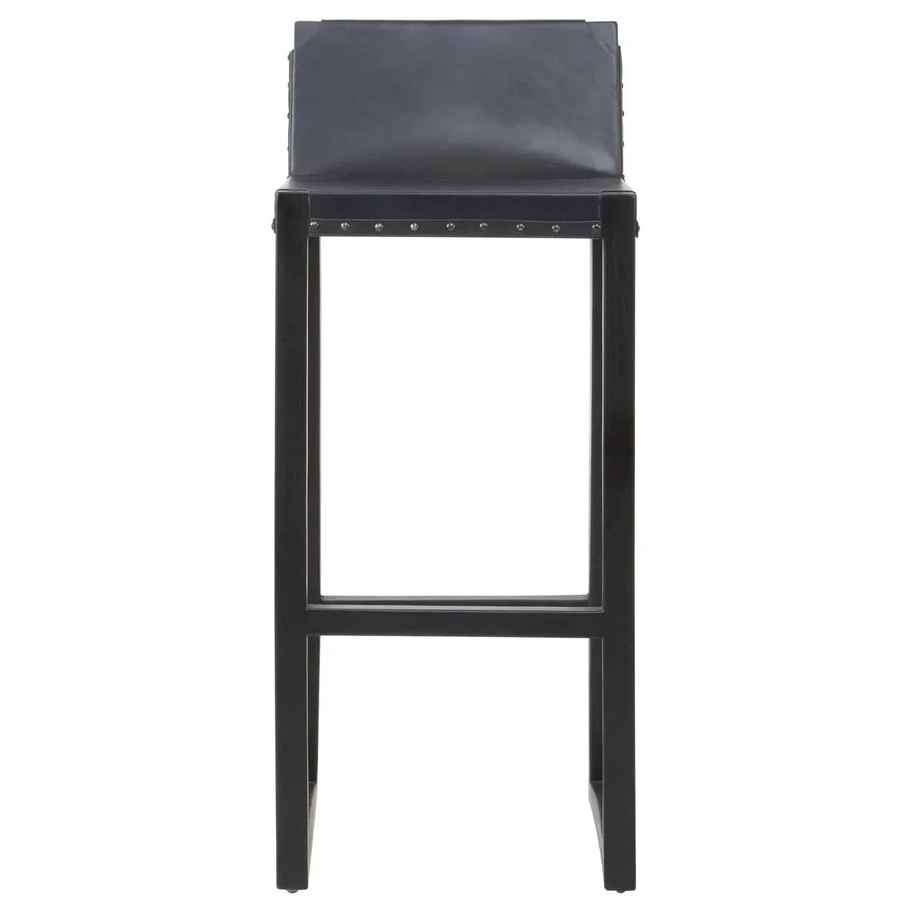 Black leather bar stool with metal stud trim and straight wooden legs, front view