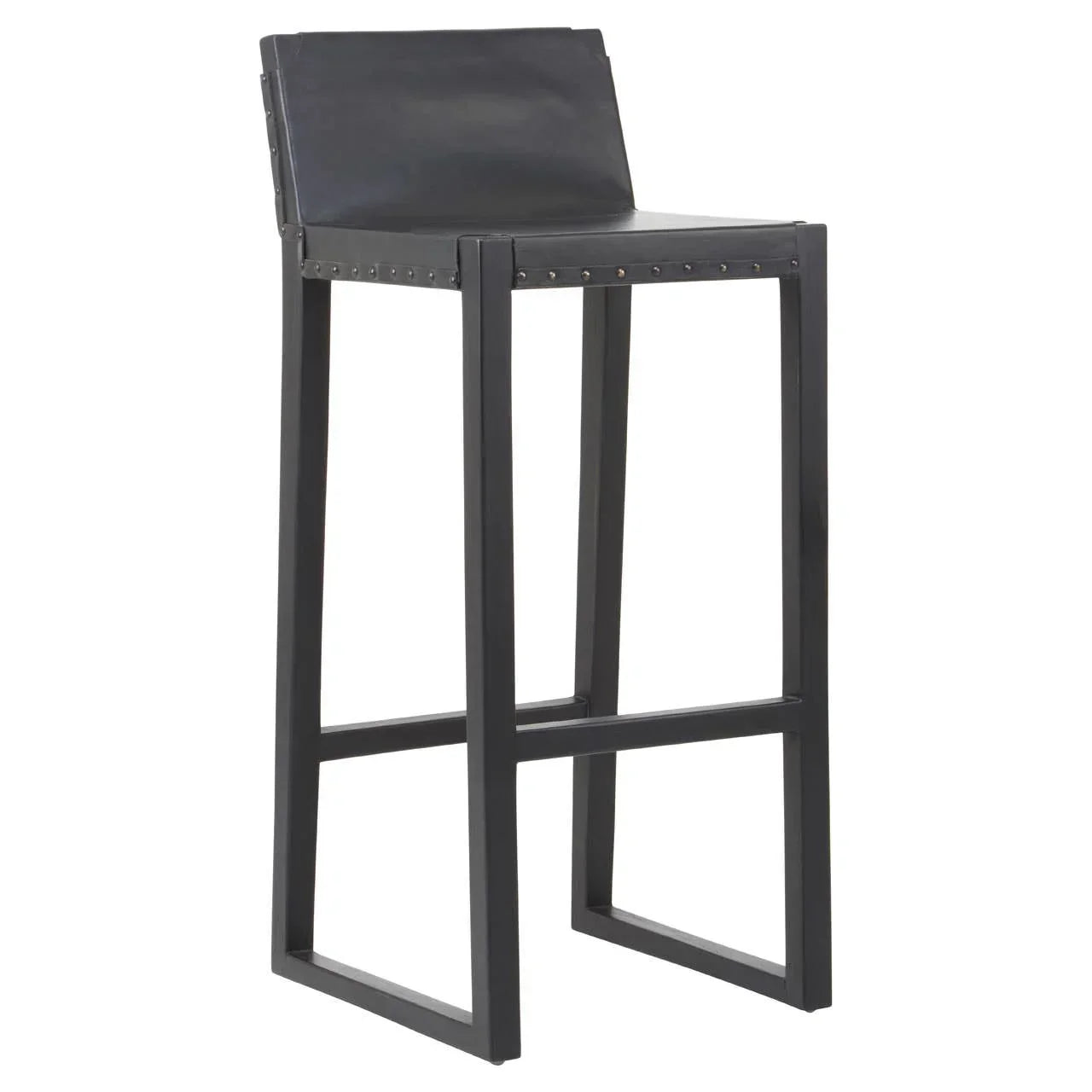 Black bar stool with metal frame and faux leather seat, front angle view