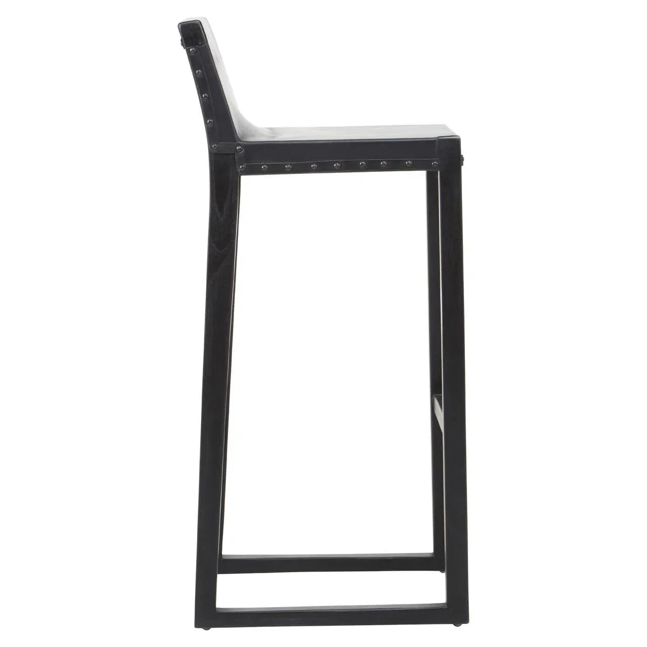 Black wooden bar stool with high backrest and metal rivet accents, side profile view