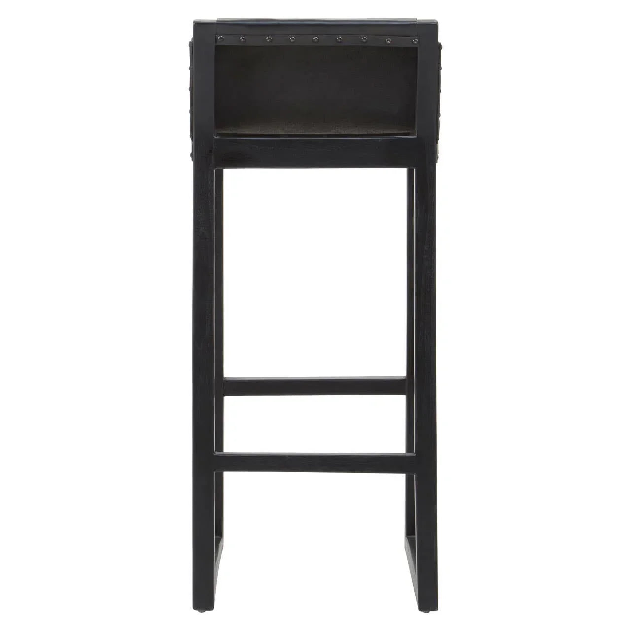 Black wooden bar stool with square seat and metal stud accents, rear view