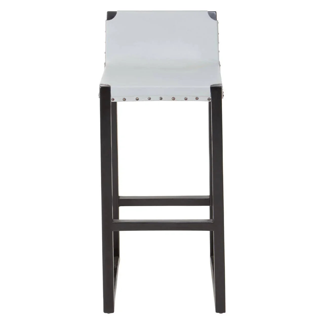 White metal bar stool with rivet detail and black legs, front view
