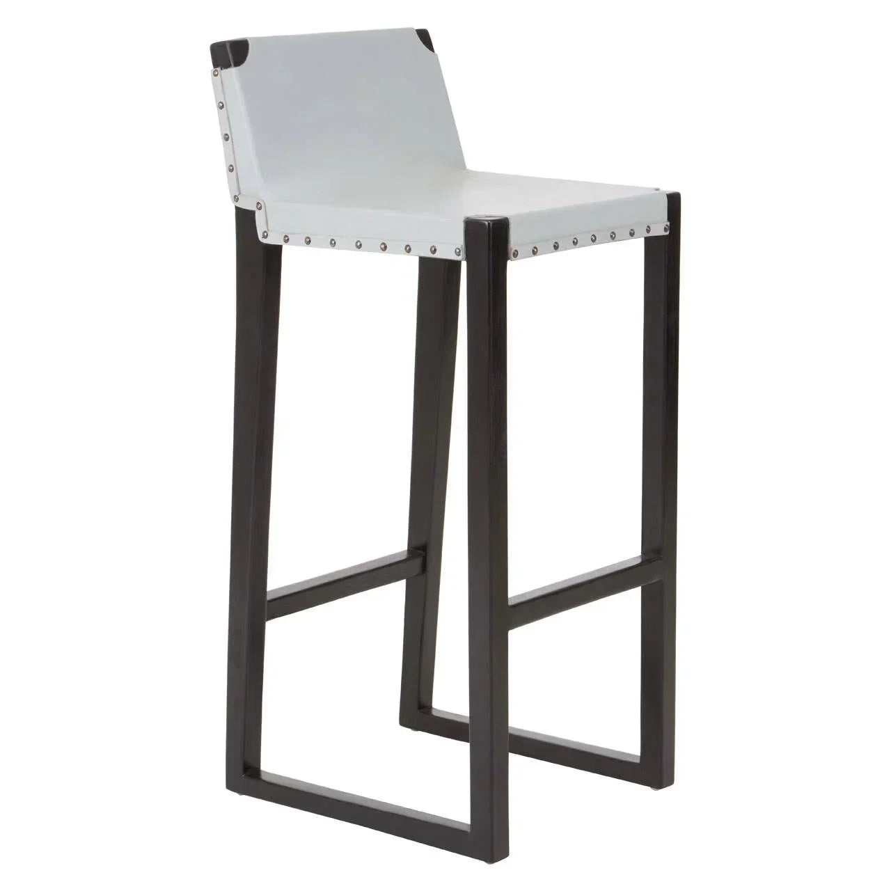 White leather bar stool with black wooden legs and silver stud detailing