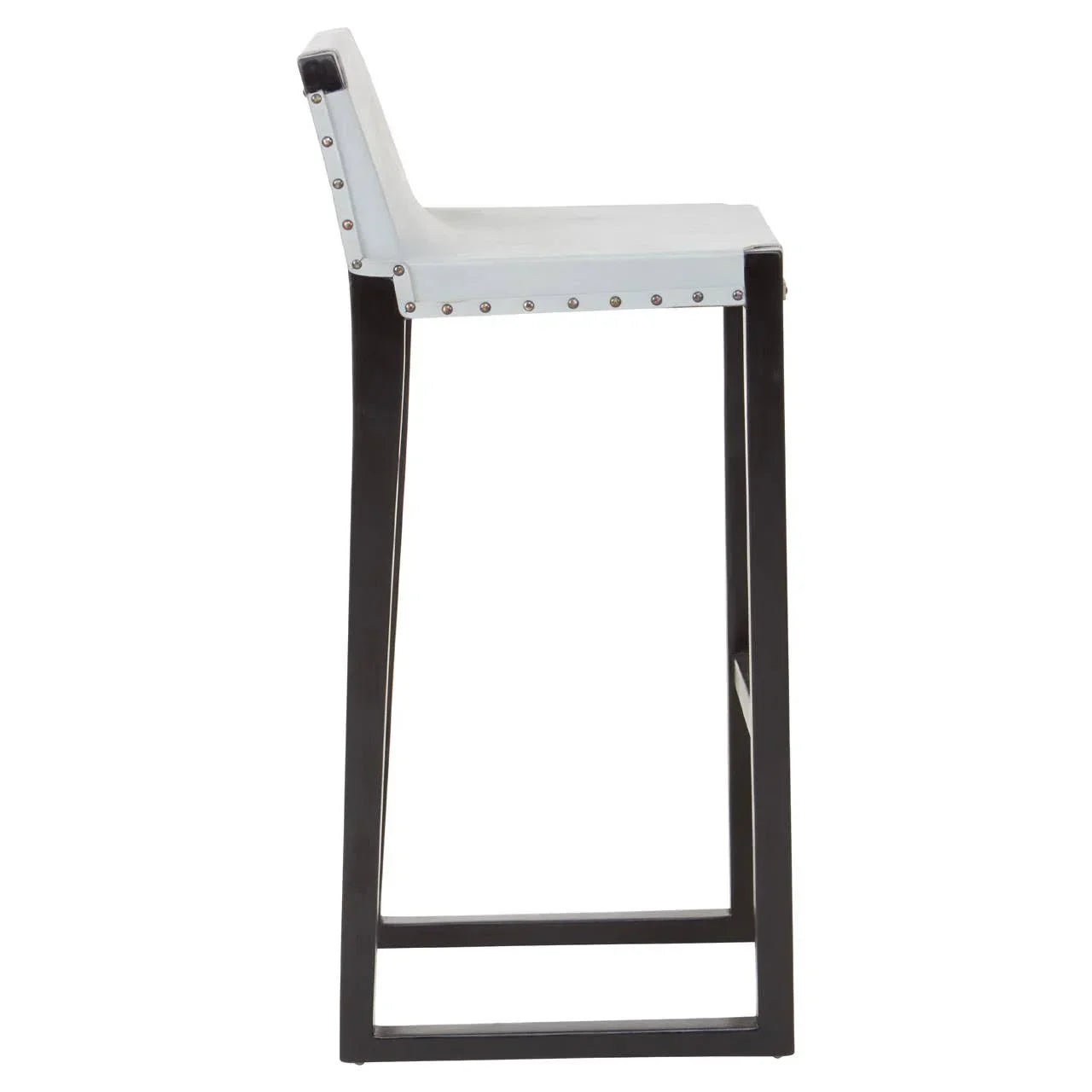 White bar stool with metal legs and stud accents side view