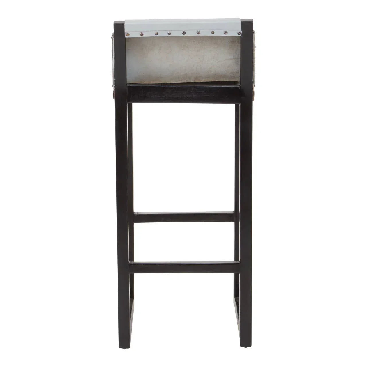 Industrial bar stool with metal seat and black wooden legs, front view
