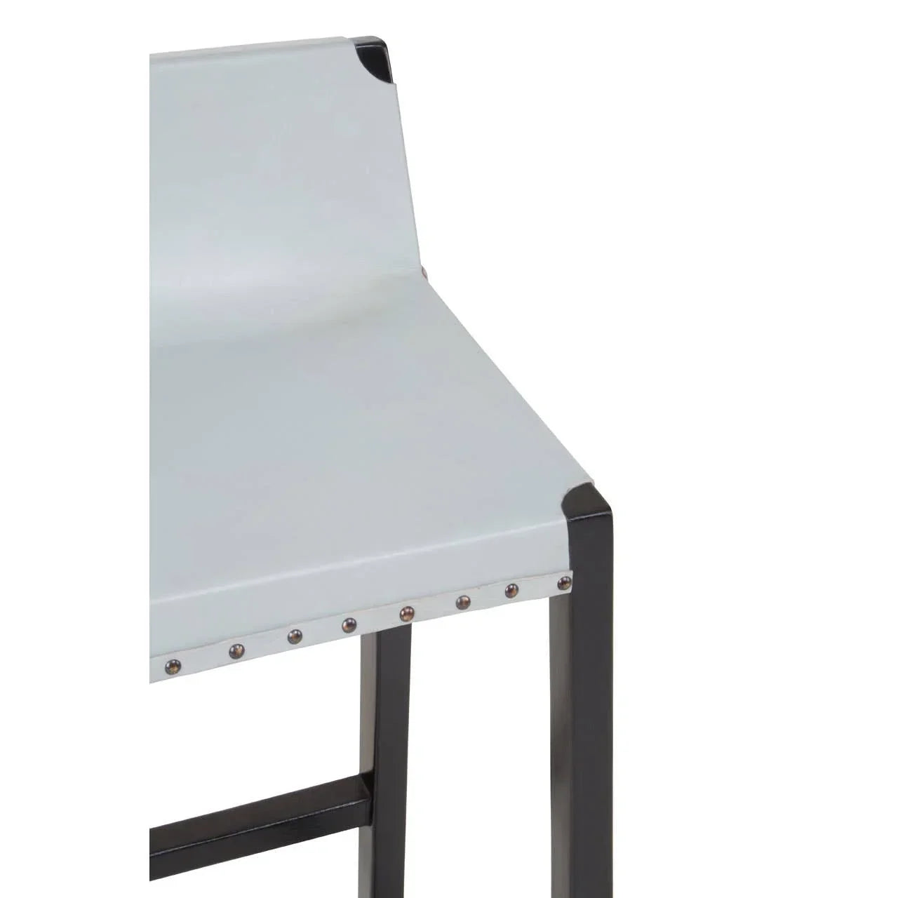 Modern bar stool with white seat, black metal frame, and stud detailing on the edge