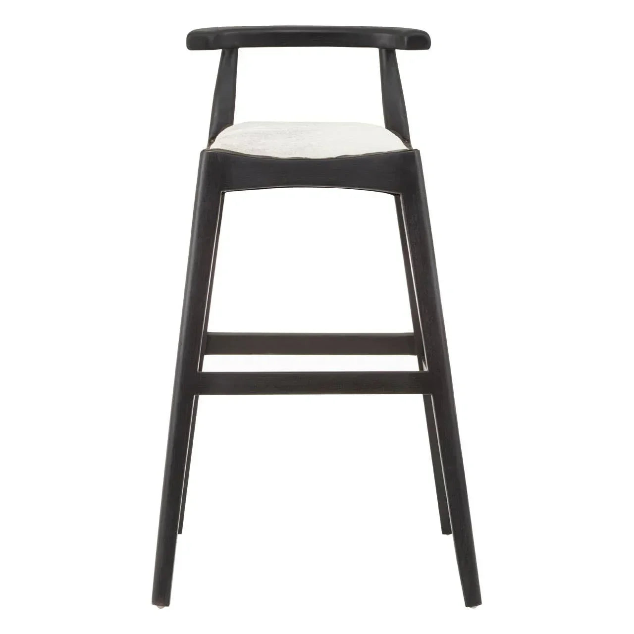 Black wooden bar stool with curved backrest and light cushioned seat, front view