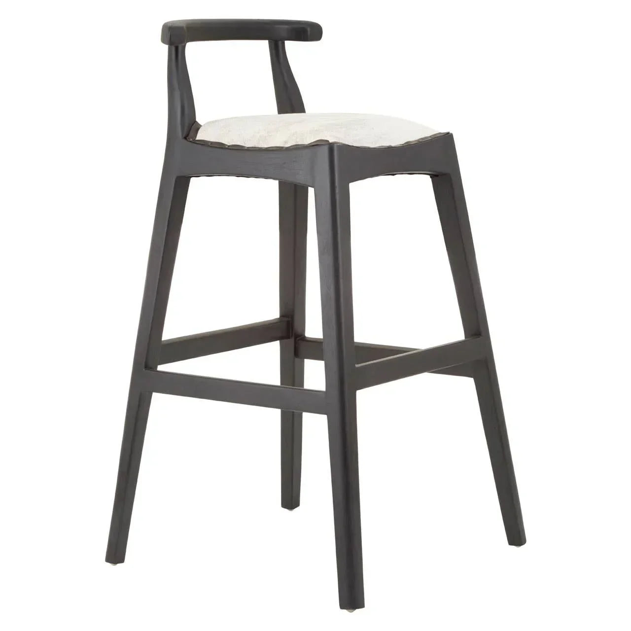 Black wooden bar stool with curved backrest and light fabric seat cushion