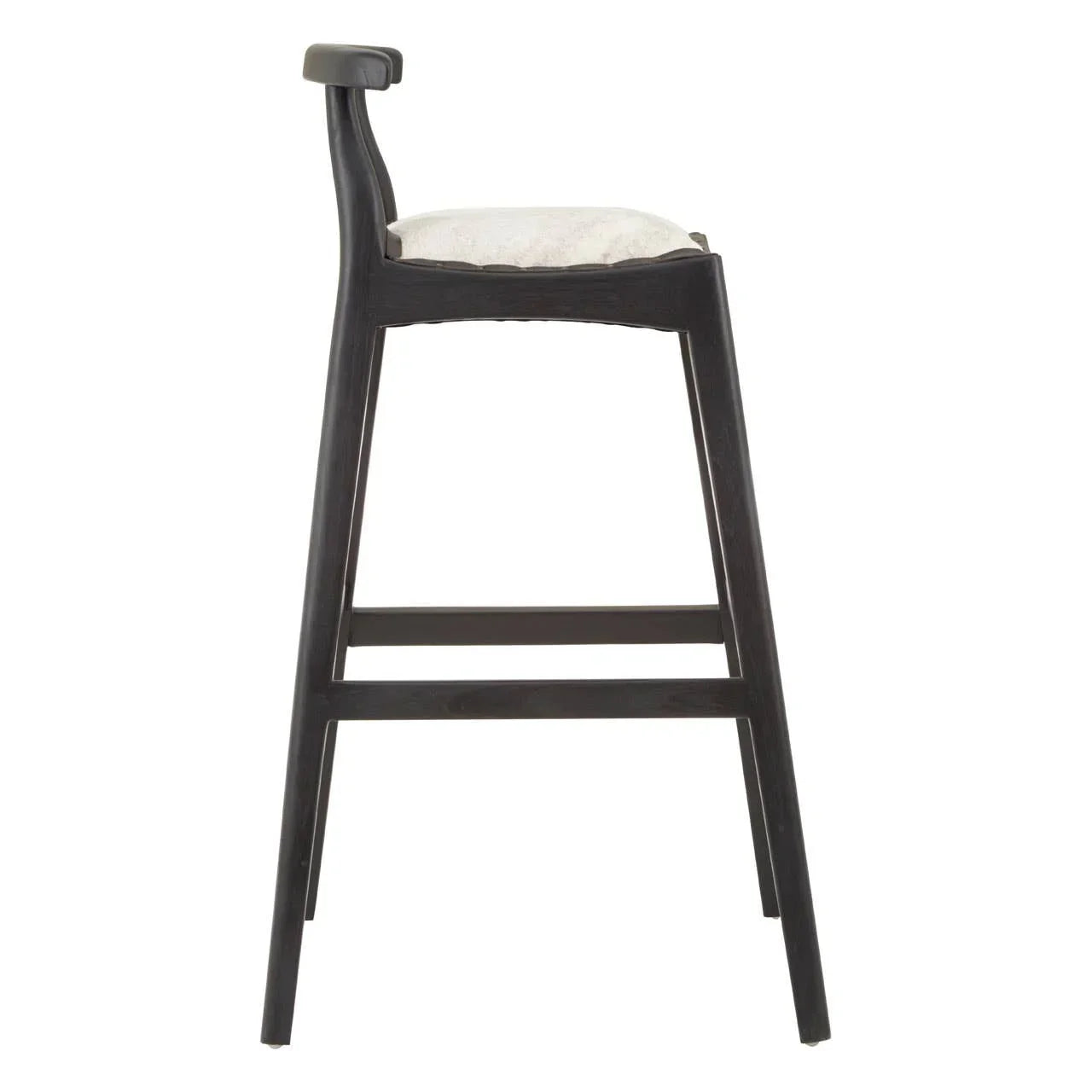 Black wooden bar stool with padded beige seat, side profile view