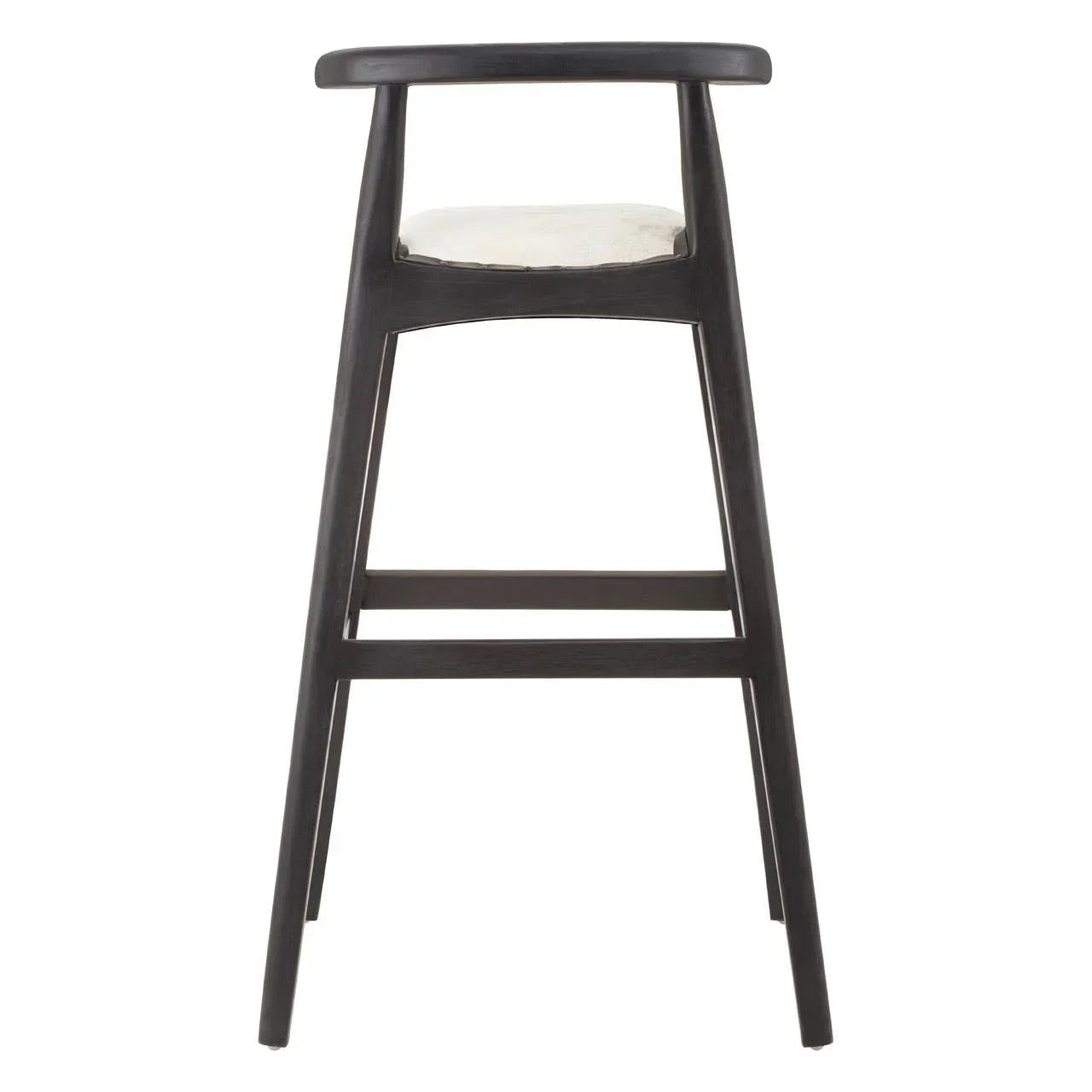 Black wooden bar stool with curved backrest and light padded seat, front view
