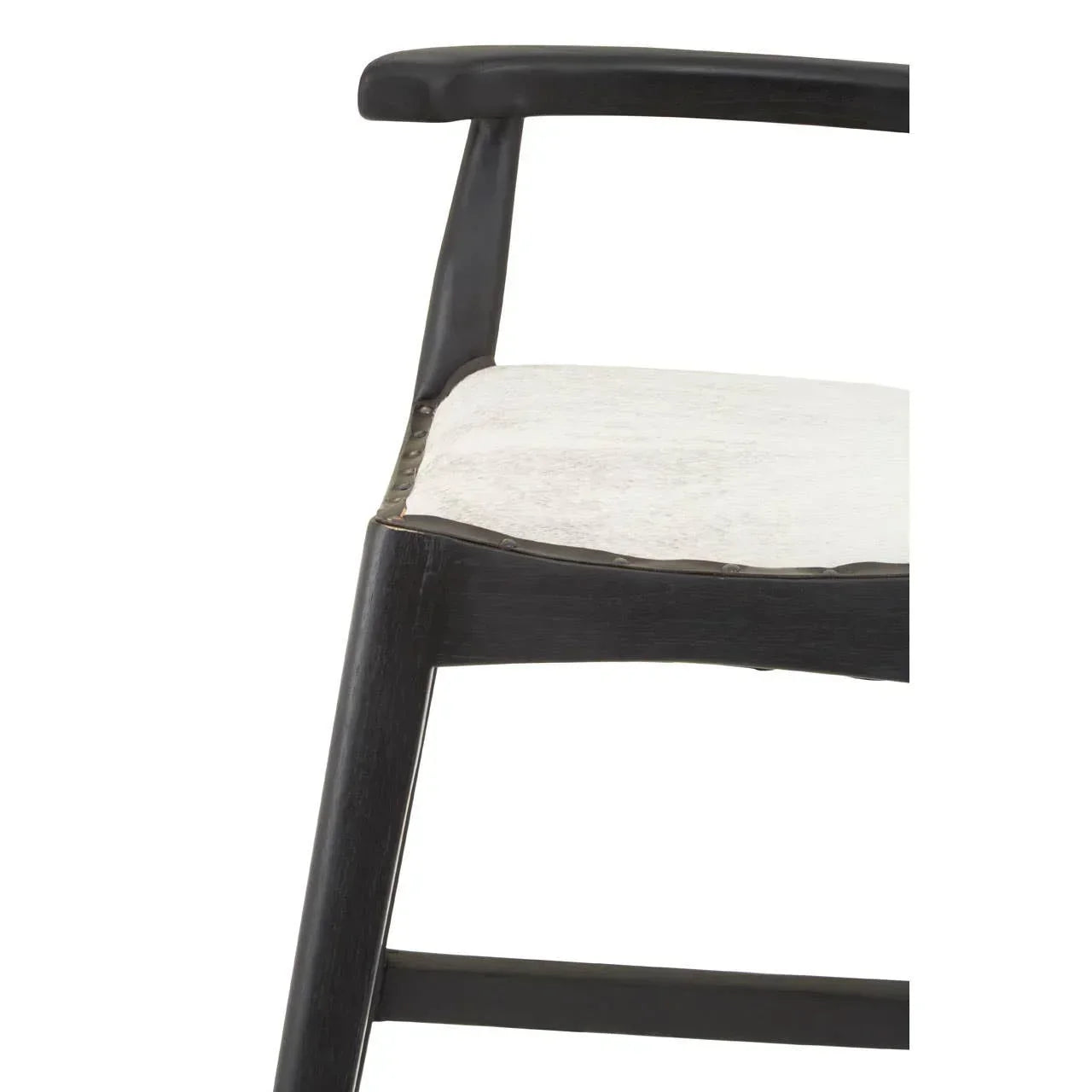 Black wooden dining chair with curved armrest and light upholstered seat, side angle view