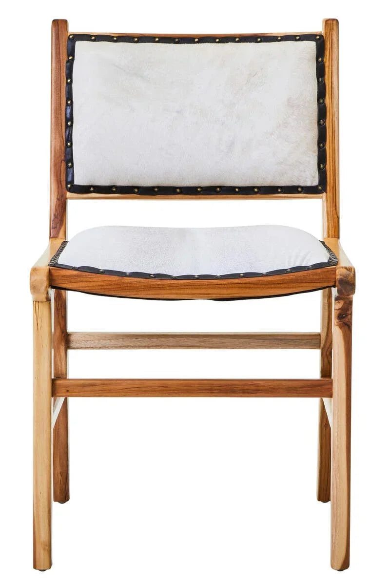 Solid wood dining chair with white cowhide seat and backrest, brass stud accents, front view