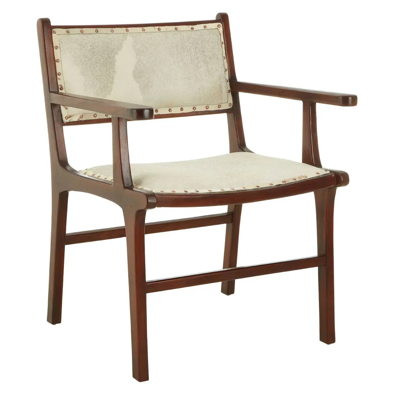 Wooden accent chair with beige cowhide seat and backrest, bronze stud detailing, side angle