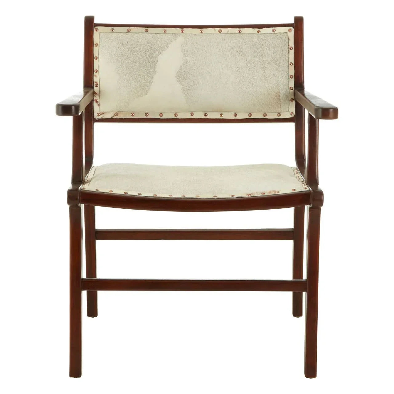 Cowhide accent chair with dark wood frame and arms, front view on white background