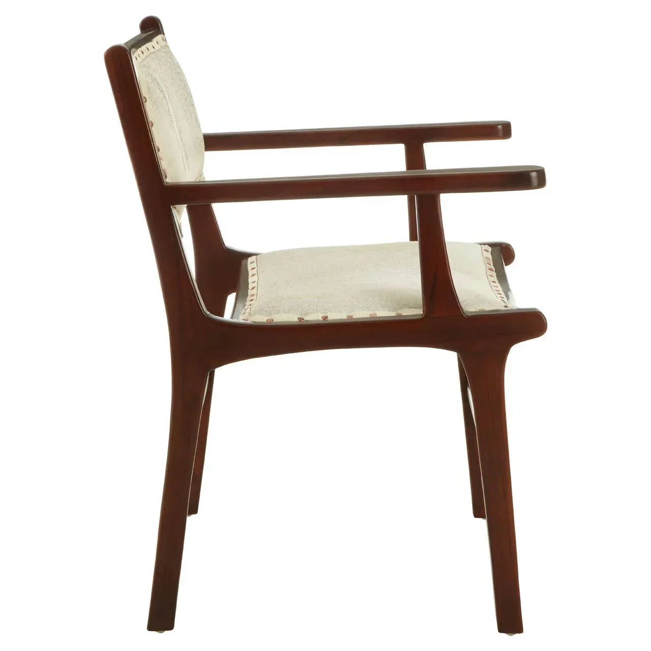 Side view wooden armchair with beige upholstered seat and backrest