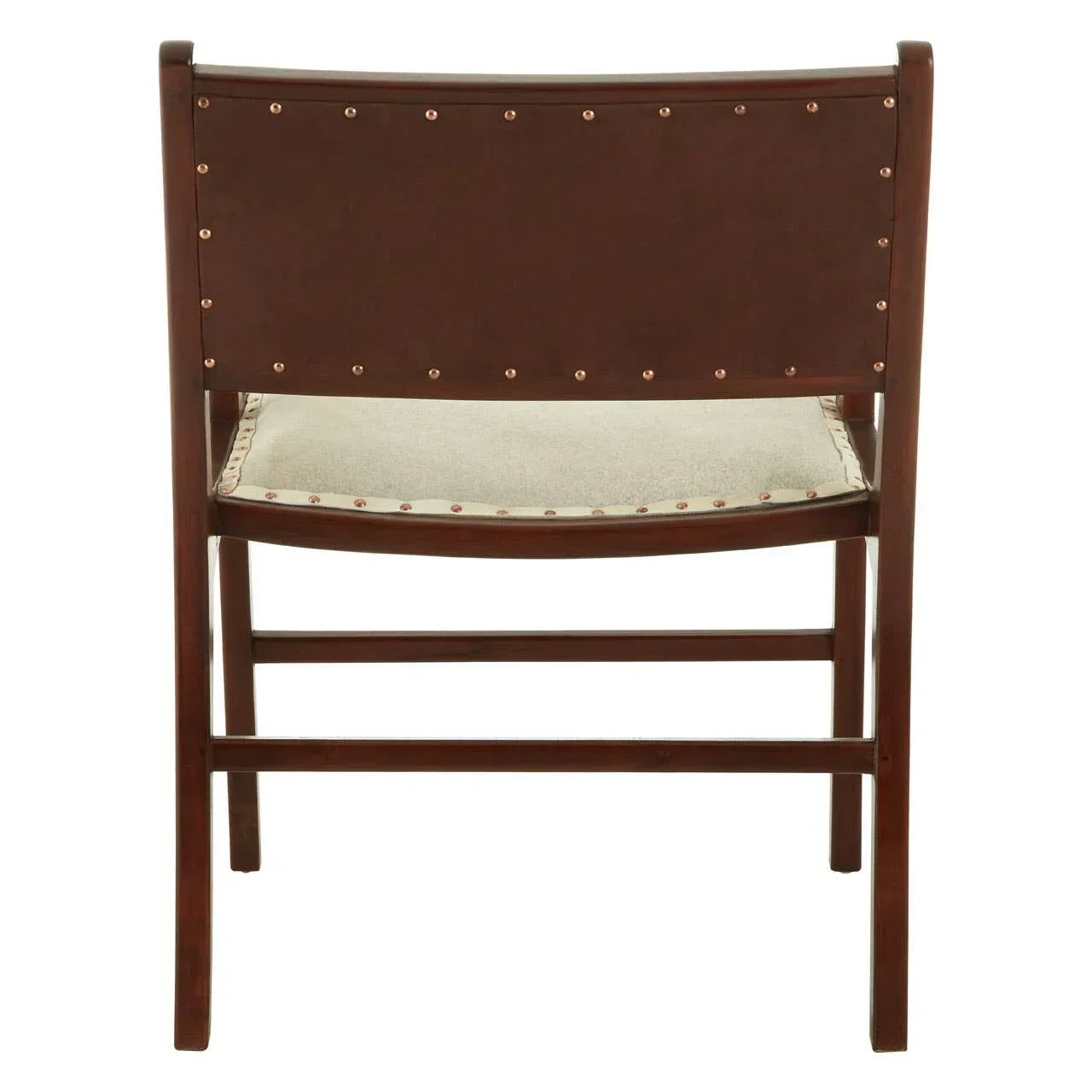 Rear view of wooden dining chair with brown frame, studded backrest, and cream seat