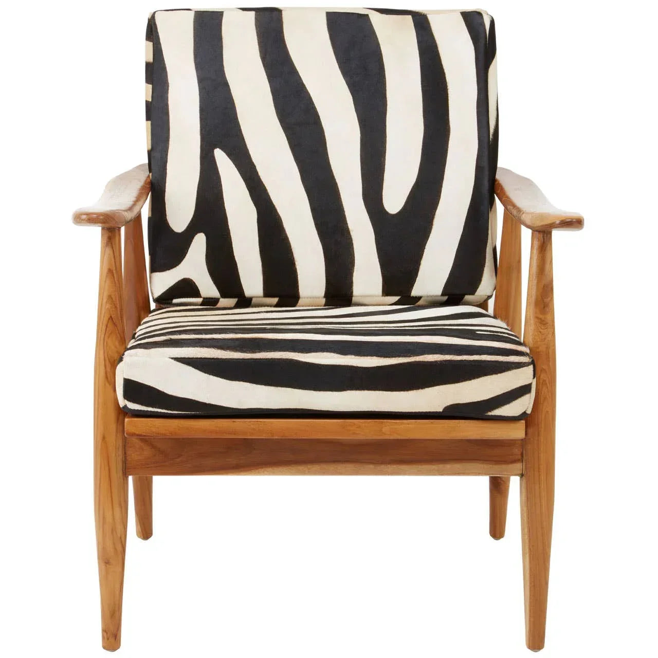 Accent chair with zebra print cushions and wooden arms, front view
