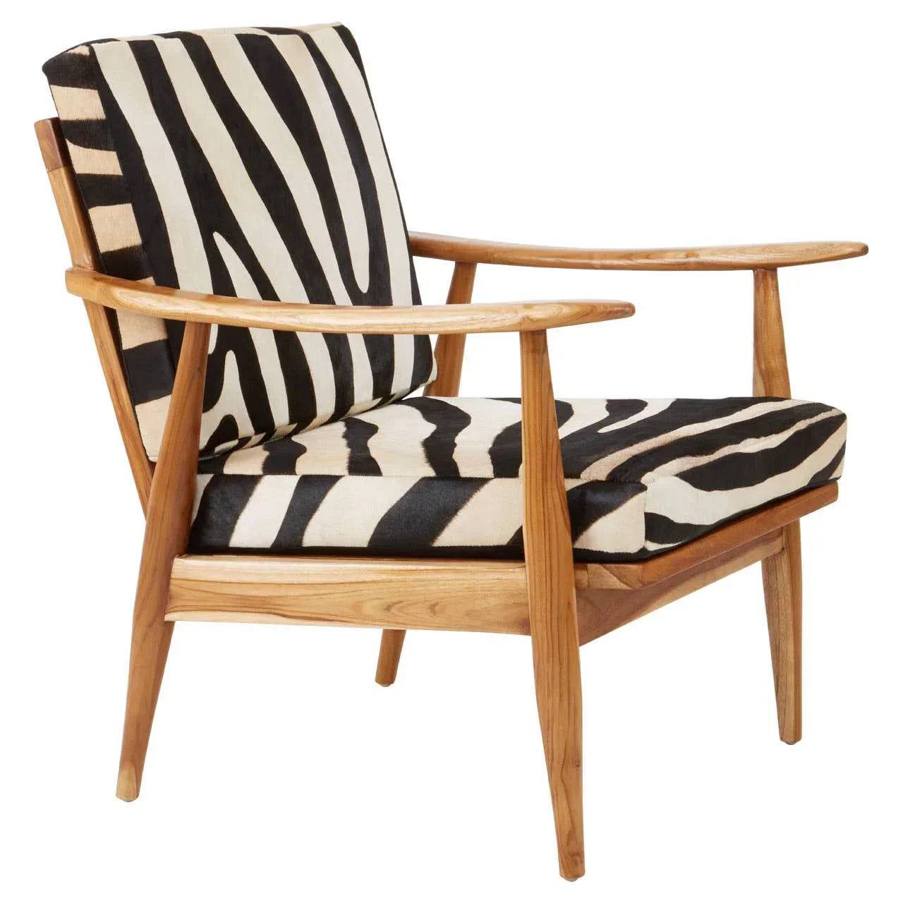 Wooden armchair with black and white zebra print cushions, angled side view