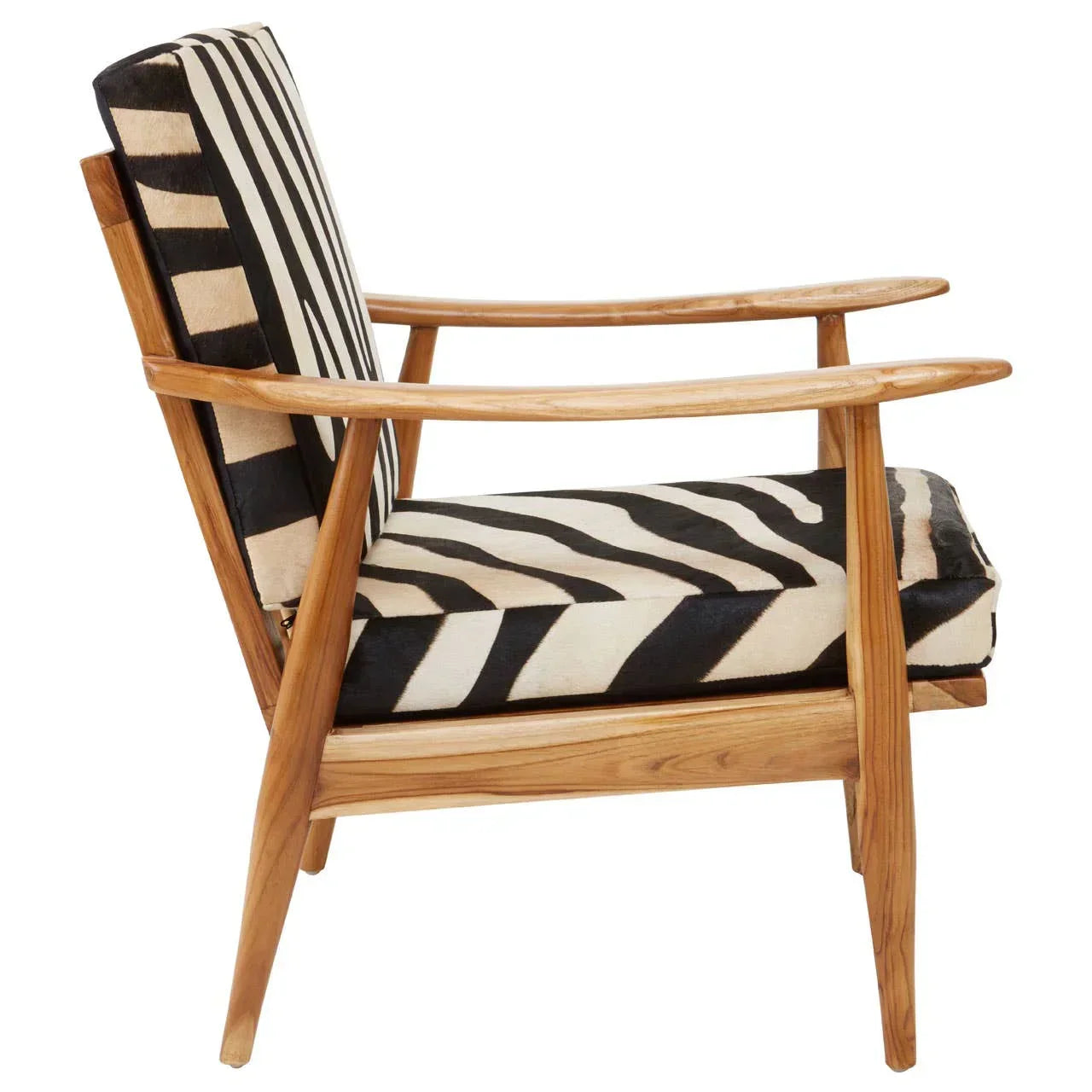 Wooden accent chair with black and white zebra print cushions, side profile view