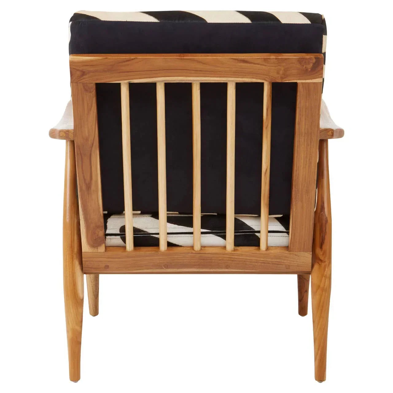 Rear view of wooden armchair with vertical slat back and black patterned cushions