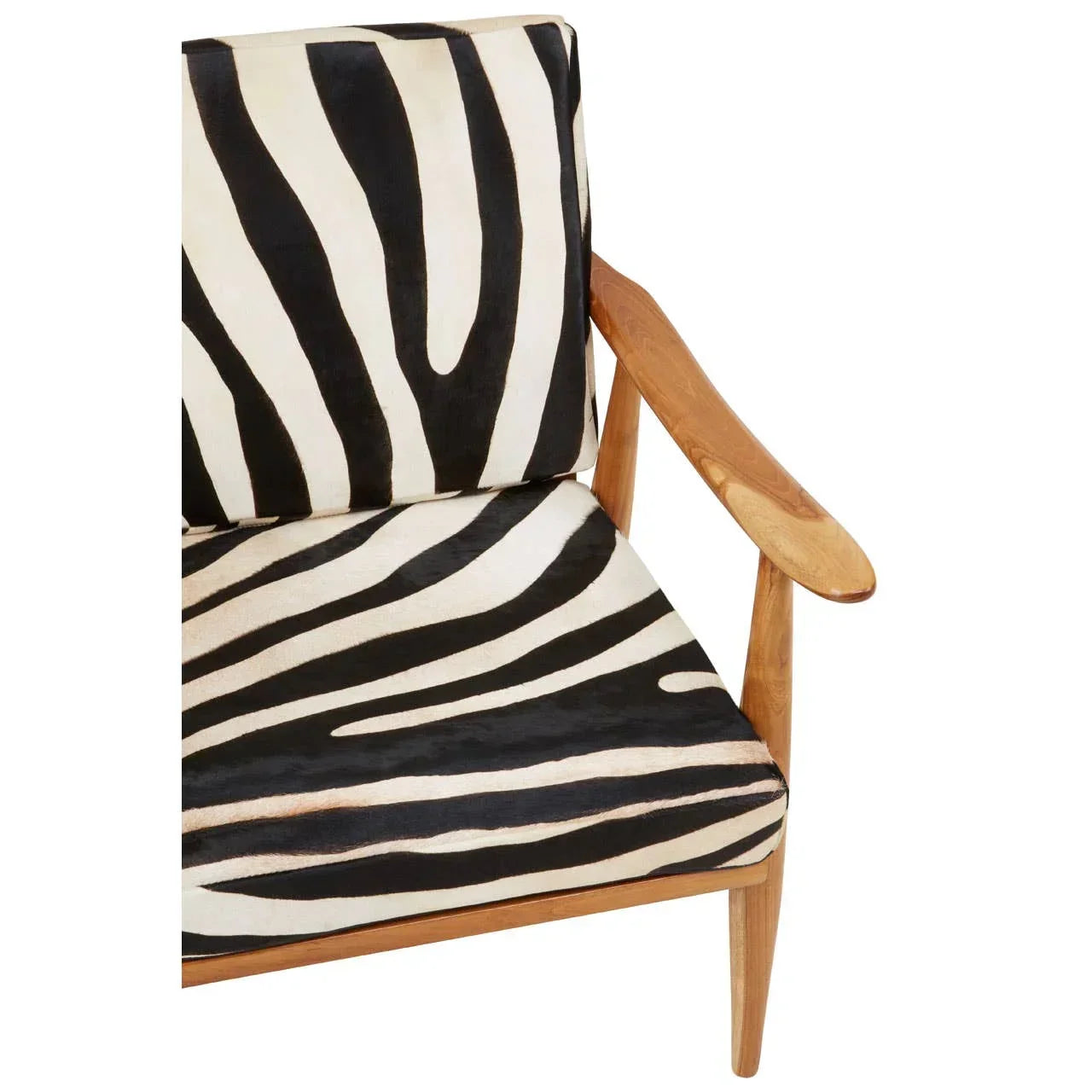 Zebra print accent chair with wooden armrests and legs, corner front angle view