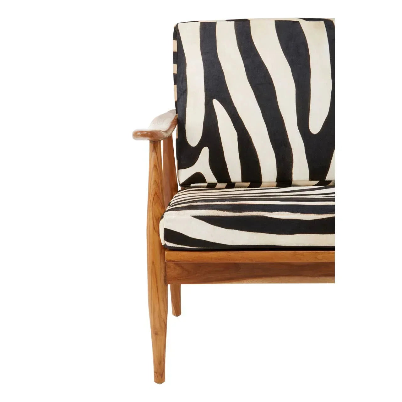 Wooden armchair with zebra print cushions, front angled view showing armrest and seat