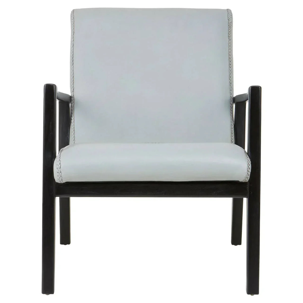 Front view of modern accent chair with light grey upholstered seat and black wooden frame
