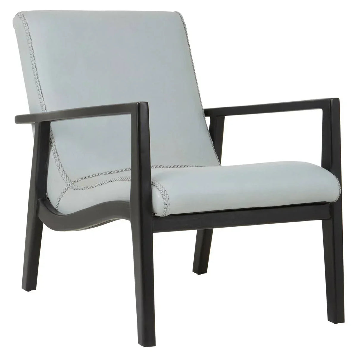 Modern accent chair with light grey leather seat and black wooden frame, angled front view