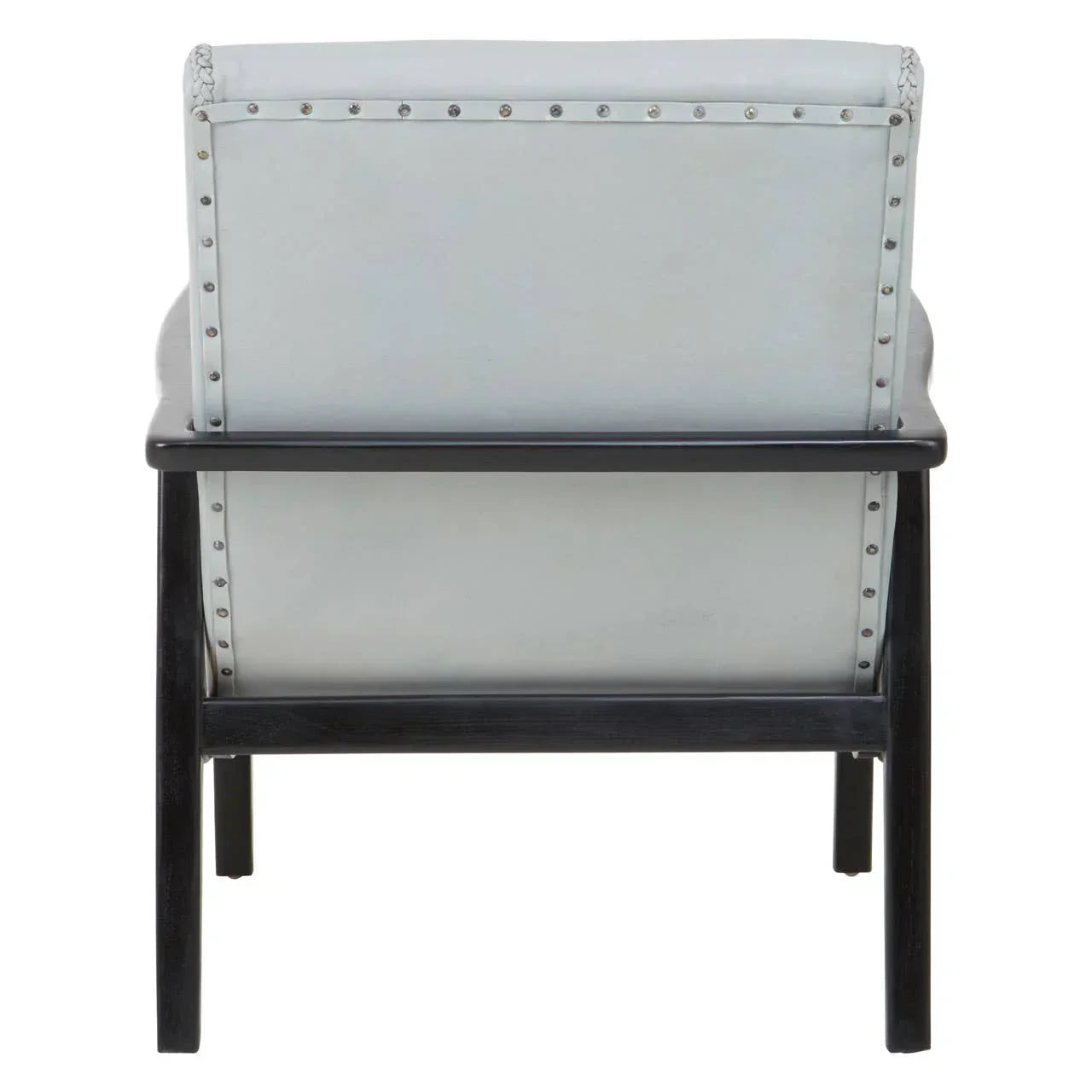 Light grey accent chair with stud detailing and black wood frame, rear view