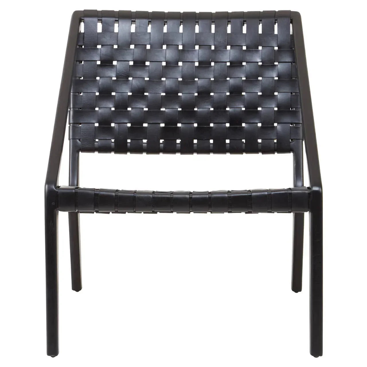 Black woven strap accent chair with metal frame, front angle view