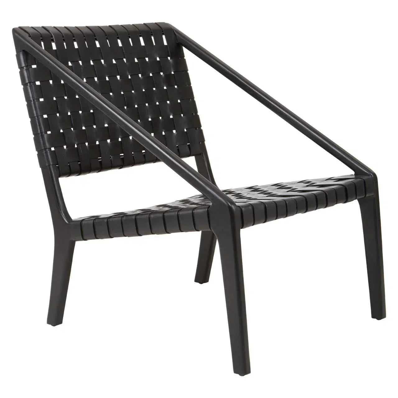 Black woven accent chair with open frame and angled armrests