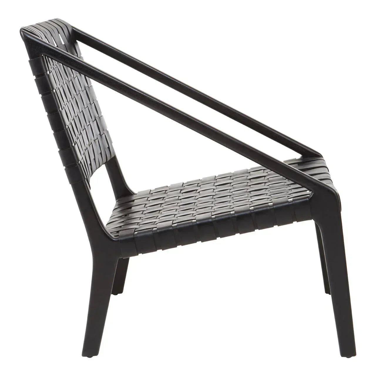Black woven lounge chair with metal frame side view