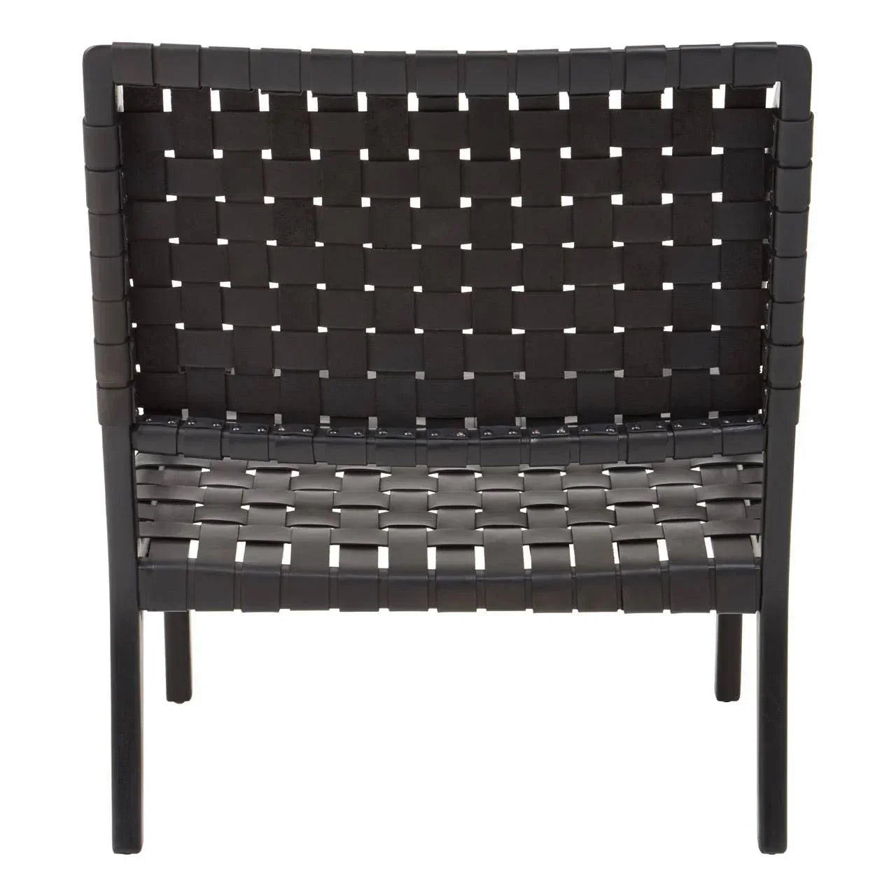 Black woven accent chair with strap seat and backrest shown from the front