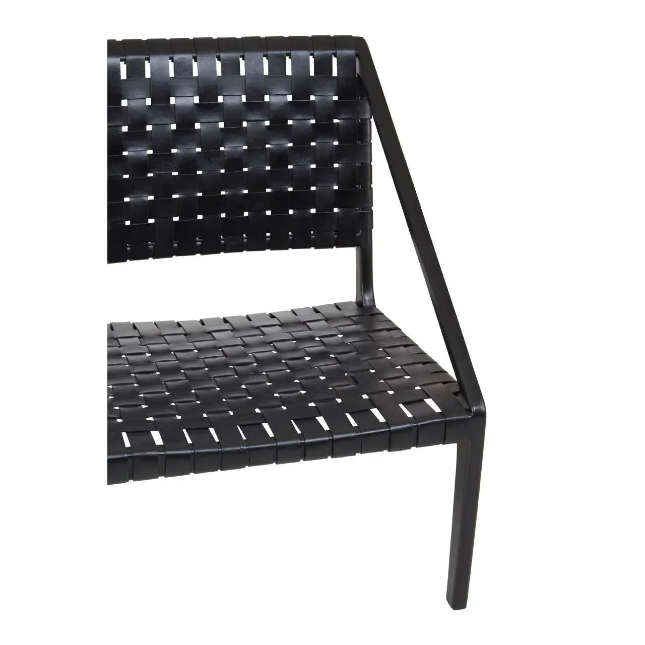 Black woven strap chair seat and backrest with modern metal frame, partial side view