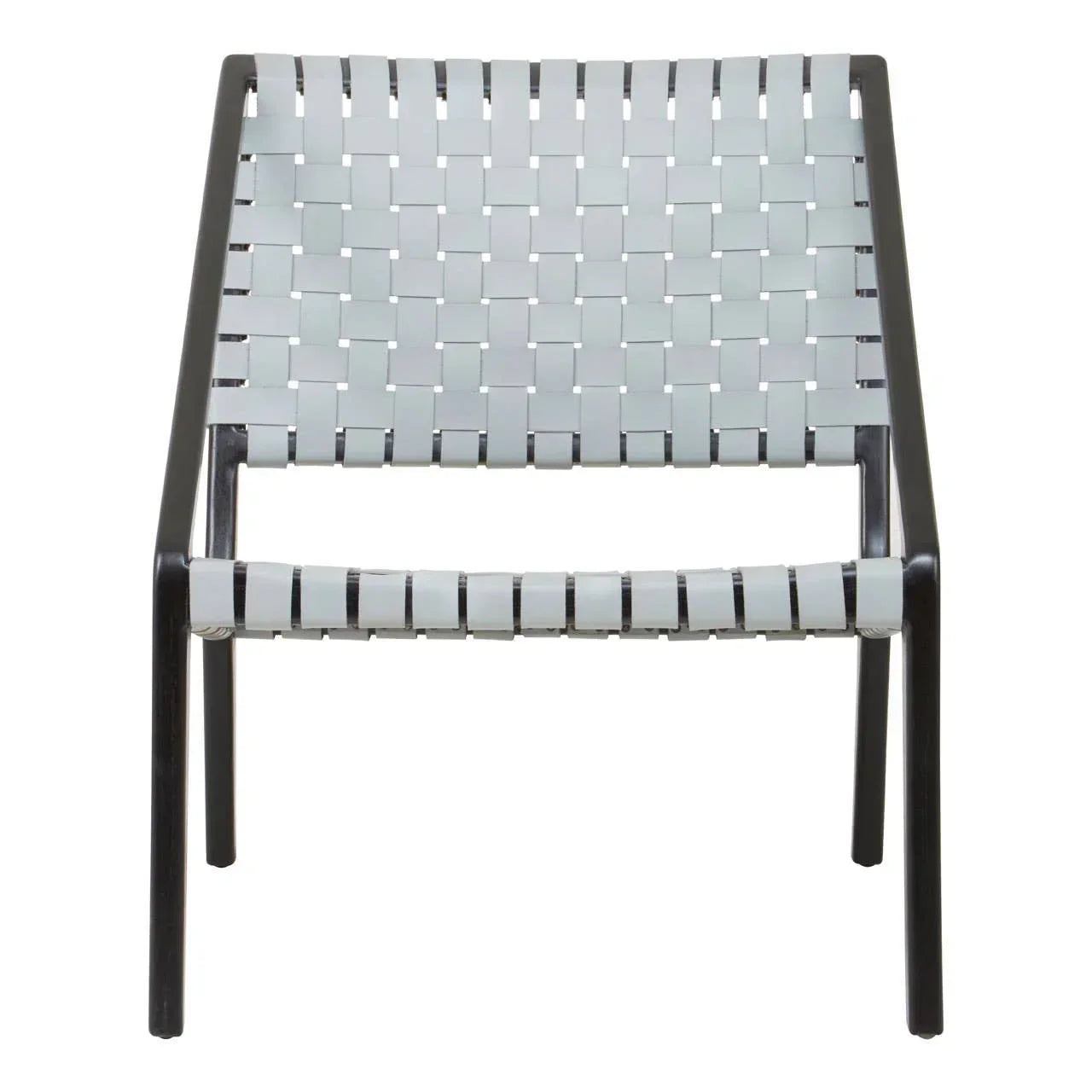Front view of lounge chair with black wooden frame and woven light grey seat and backrest