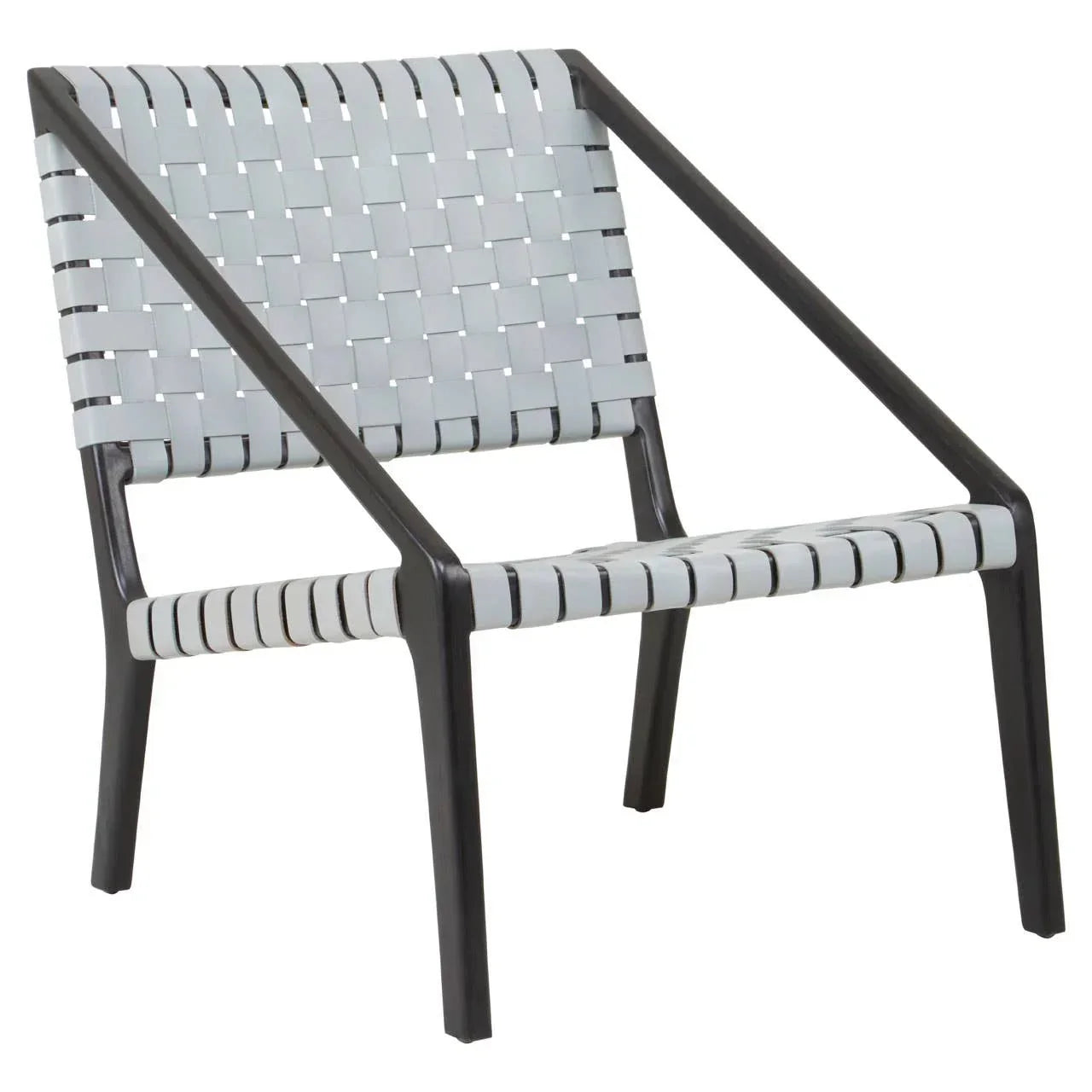 Modern accent chair with black frame and grey woven strap seat and backrest