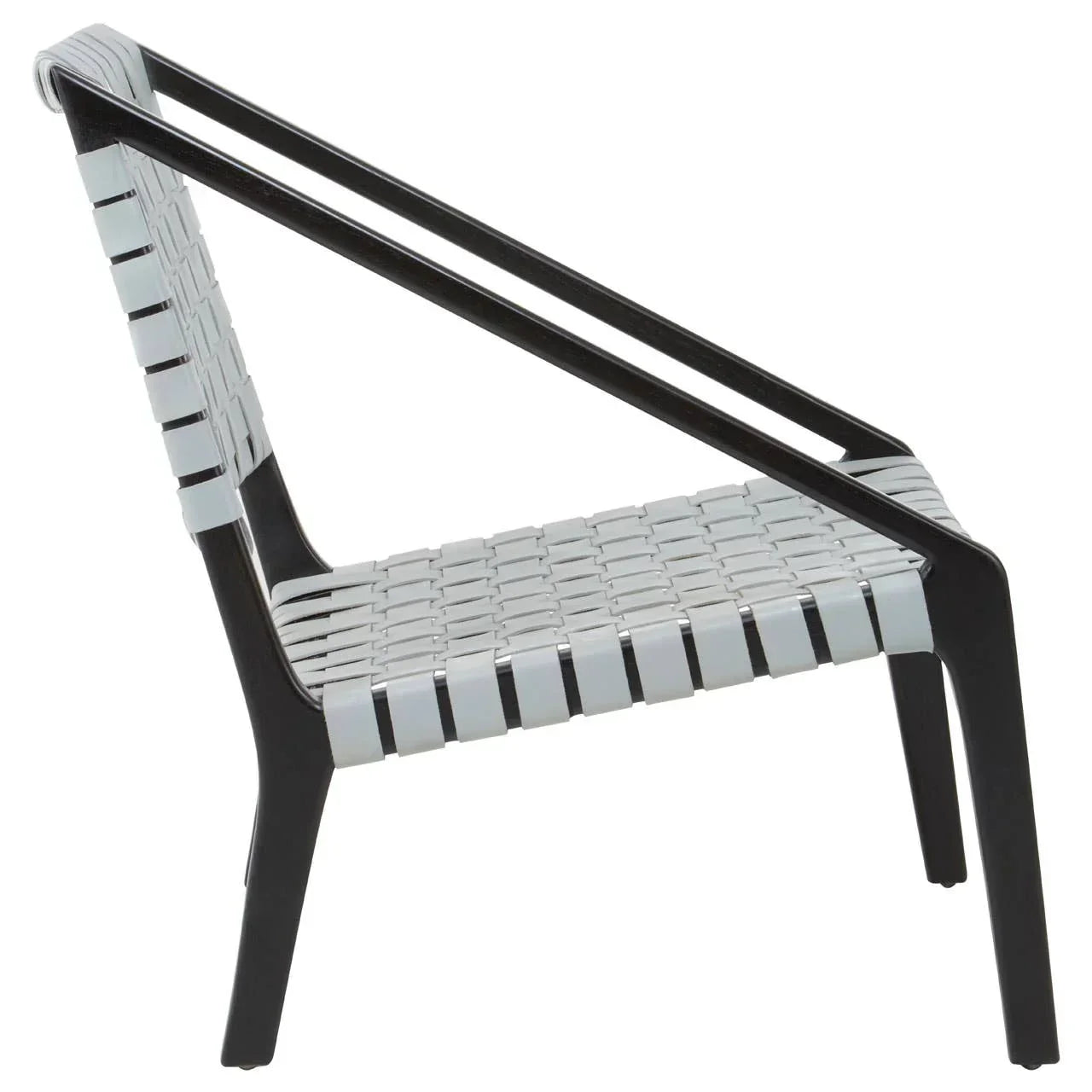 Modern accent chair with black frame and woven white seat and backrest, side angle view