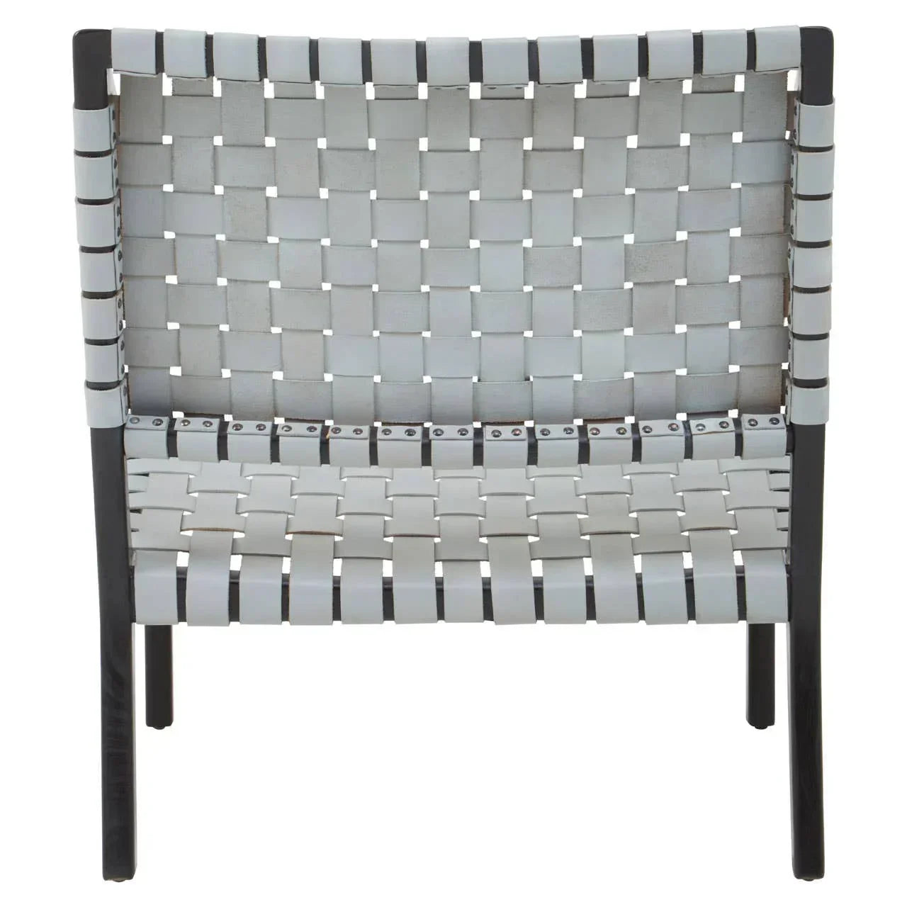Rear view of accent chair with white woven leather straps and black metal frame
