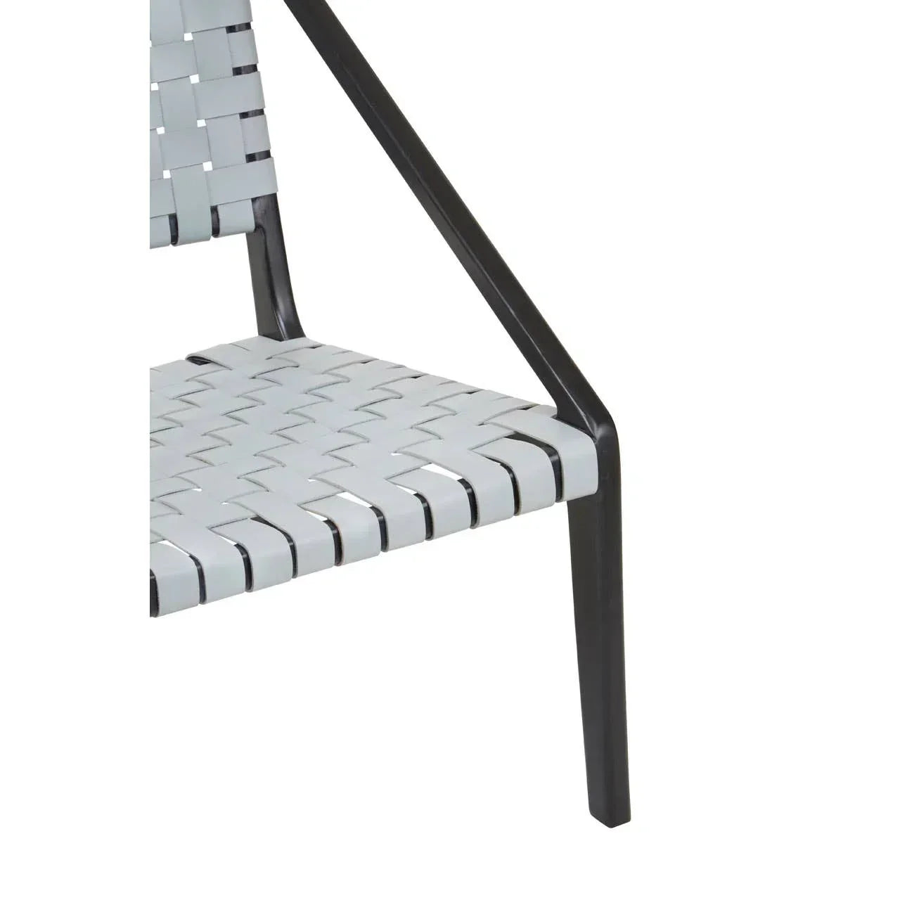 Closeup of woven grey strap dining chair seat with black metal frame