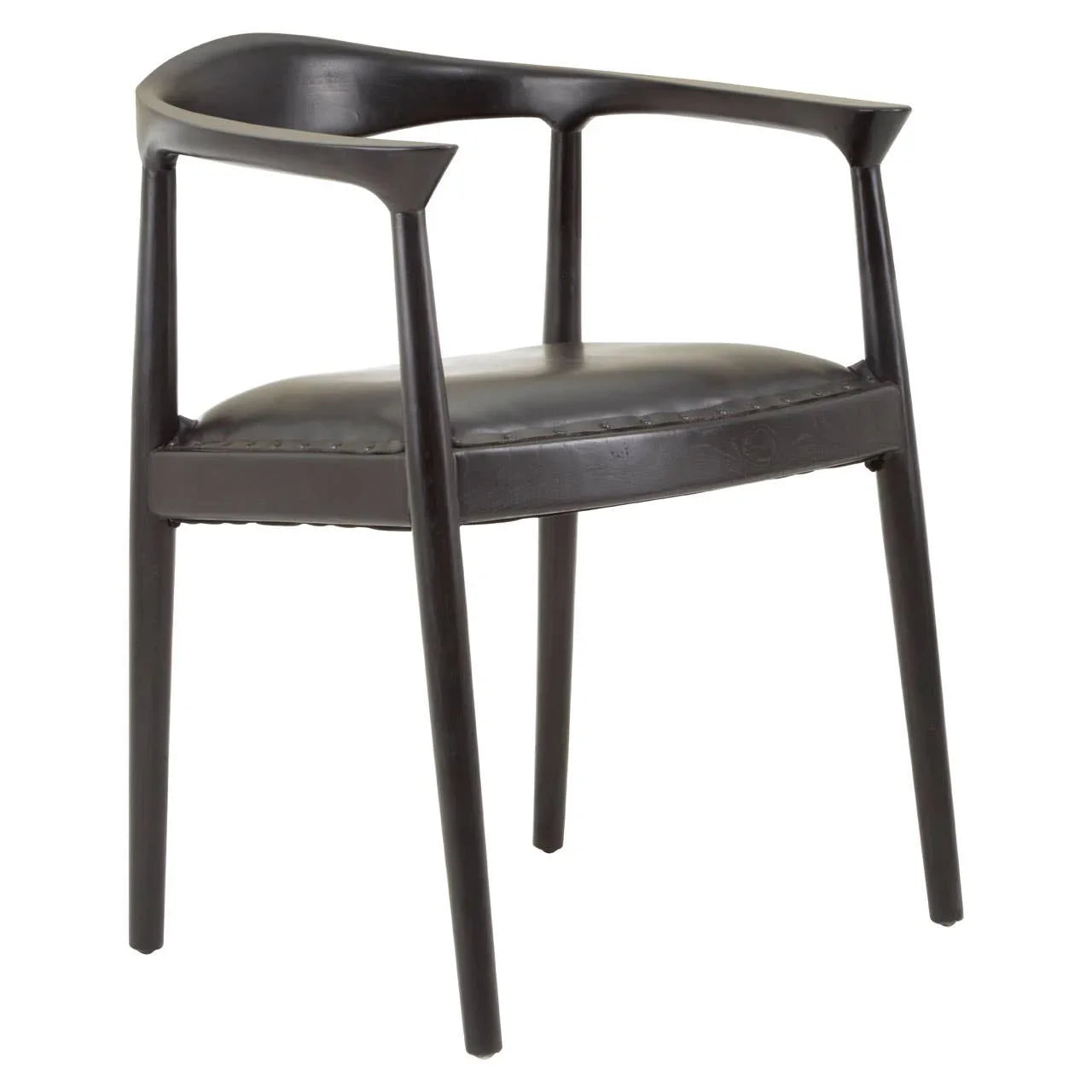 Modern black wooden dining chair with curved backrest and armrests, angled view