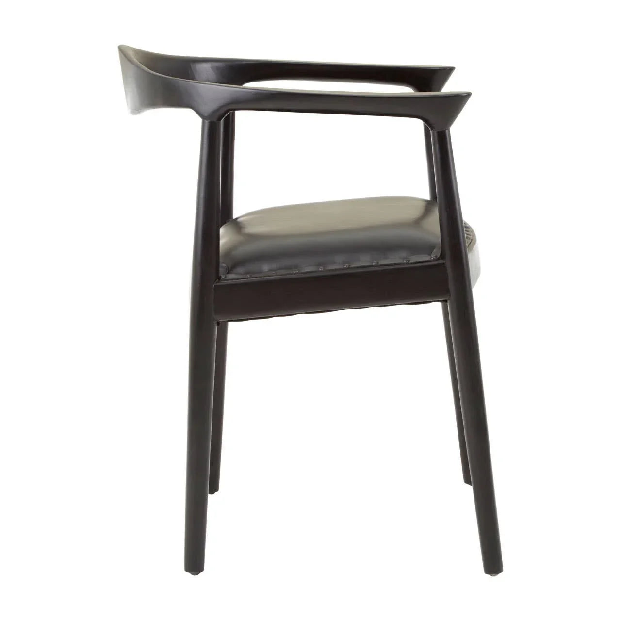 Black wooden dining chair with curved backrest and padded seat, side view